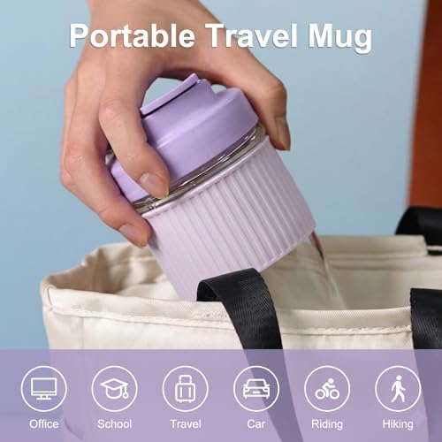 Sivaphe Reusable Glass Ice Hot Coffee Cup 16 oz, Portable Travel Mug with Spill-Proof Lid and Thermal Sleeve for Home Office Purple - Image 3