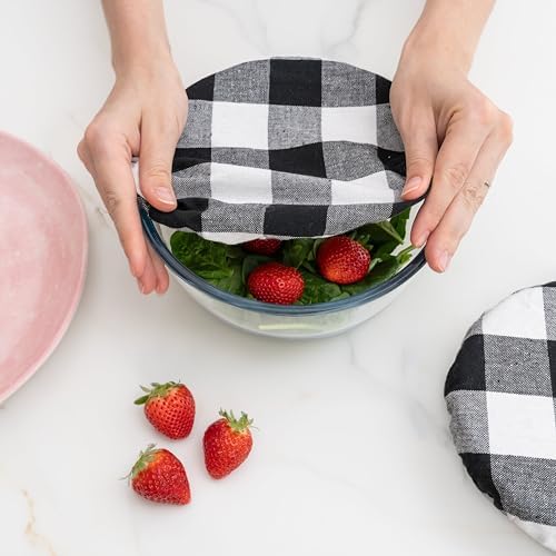 Reusable Cloth Bowl Covers - 100% Cotton Fabric Bowl Covers Set to Cover Fruits, Vegetables and Regulate Moisture - Elastic Closure for Salads, Bread & Leftovers (Black Plaid, 2XL, 2L, 2M, 2S) - Image 3