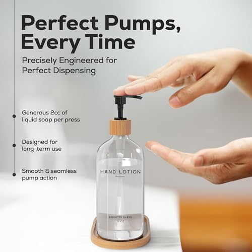 Glass Lotion Dispenser with Pump for Bathroom by Brighter Barns - Hand Lotion Dispenser Set with Tray - Boho Hand Cream Container for Bathroom, Neutral Home Decor in Bedroom, Lobby, Restaurant (Clear) - Image 4