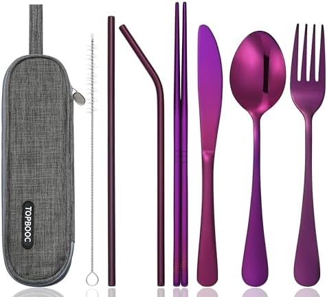 8-Piece Portable Stainless Steel Flatware Set, Travel Camping Cutlery Set with Purple Waterproof Case by Topbooc