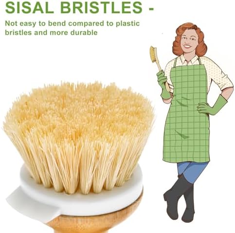 Bamboo Dish Brush,Sisal Brush with Scraper,1Pack with Ceramic Holder - Image 2