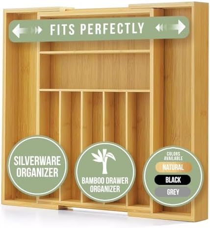Purawood Bamboo Drawer Organizer - Expandable Silverware Organizer & Utensil Drawer Organizer, Cutlery Tray with Dividers, 7-9 Slots- Kitchen Organizer for Utensils & Flatware (Natural) - Image 2
