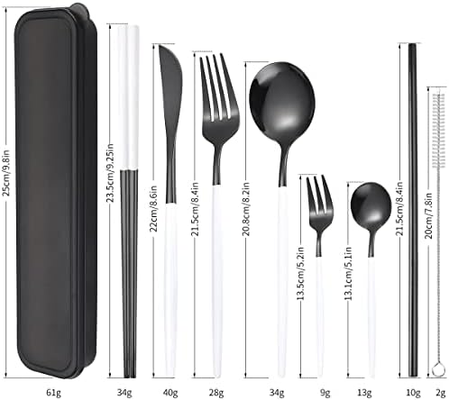 AARainbow 8 Pieces Stainless Steel Flatware Set Portable Reusable Cutlery Set Travel Utensils Set Including Chopsticks Knife Fork Spoon Straws Cleaning Brush Dishwasher Safe (White black) - Image 2