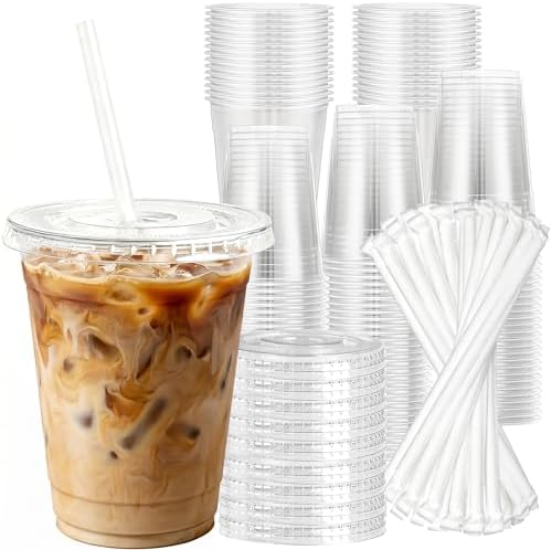 Charmount 100 Sets 16 oz Plastic Cups with Lids and Straws by CHARMOUNT