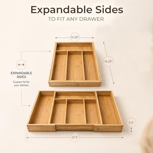 Expandable Bamboo Drawer Organizer for Kitchen Utensils, Adjustable Silverware Organizer, Natural Bamboo Cutlery Tray with Kitchen Labels & Non-Slip Pads - Image 2