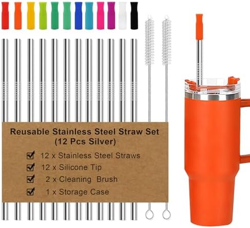 Newly Upgraded 8.5In Reusable Stainless Steel Straws Set 12 PCS with 12 Silicone Tips, 2 Straw Brush, 1 Storage Case, BPA Free, Eco-Friendly Metal Straws for 14, 20, 30 oz Tumbler，for Hot/Cold Drinks by Allforyourhealthylife