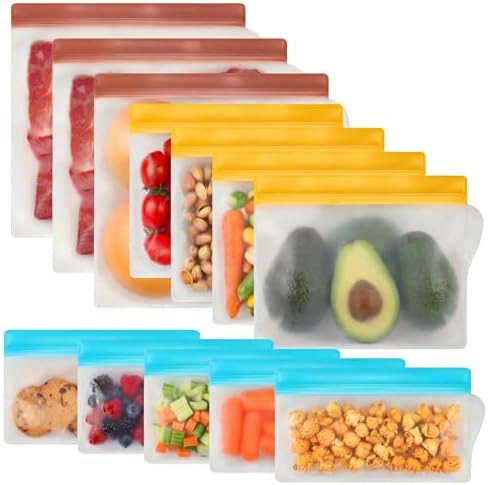 RLAVBL 12 Pack Reusable Freezer Bags, Leakproof Food Storage Bags for Vegetable, Liquid, Snack, Meat, Sandwich - 3 Gallon 4 Sandwich 5 Snack Bags by RLAVBL