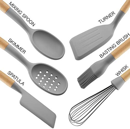 Country Kitchen Non Stick Silicone Utensil Set with Rounded Wood Handles for Cooking and Baking, 6 Piece Set, Gray - Image 2