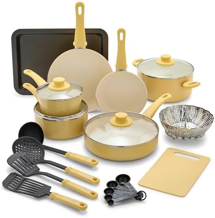 GreenLife Soft Grip Healthy Ceramic Nonstick 18 Piece Kitchen Cookware Pots and Frying Sauce Saute Pans Set, PFAS-Free with Kitchen Utensils and Lid, Dishwasher Safe, Yellow by GreenLife