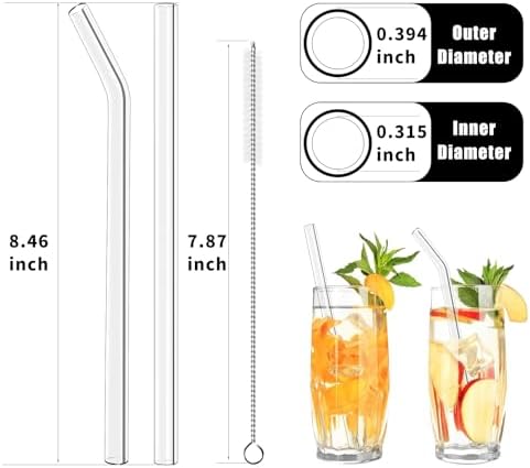Lazycorner Reusable Glass Straws Set 16 Pcs 8.5''x 10MM Bent Straight Clear Glass Drinking Straws Set of 8 Straight and 8 Bent with 4 Cleaning Brushes Perfect For Smoothies, Tea, Juice-Clear Cocktail. - Image 2