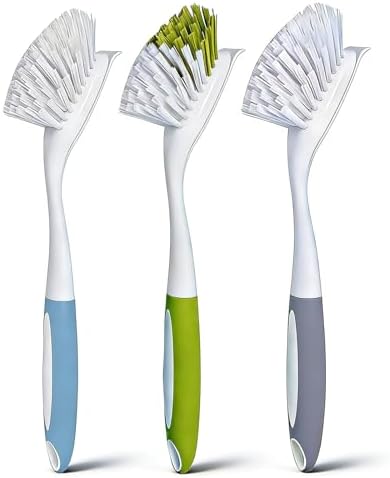 Dish Brush Scrub Brush with Handle - 3 Pack Stiff Bristles Dish Scrubber for Cleaning Dishes, Pots, Pans, Sink, Cast Iron - Hard Bristles,No Residue (Yellow-Green, Gray, Light Blue) by Unknown