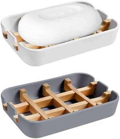 Aoheuo Modern Bamboo Fiber soap Holder and soap Dish Combination (Removable),5.12 Long by 3 Wide, 0.98 inches high, Used in Kitchens, bathrooms, and bar Sinks (White,Gray) by Aoheuo