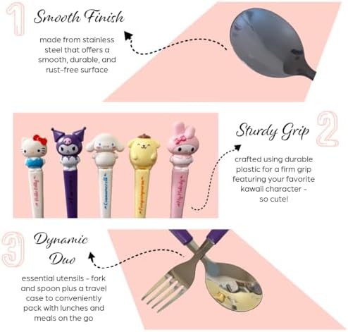 Stainless Steel Cutlery Tableware Flatware Silverware 3 Piece Set Portable Reusable Travel Cute Kawaii Anime Cartoon Dog Bunny for Boys and Girls (Pink Melody) - Image 5