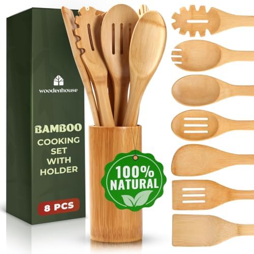 Bamboo Cooking Utensils Set 7 Pcs with Holder, Wooden Spoons for Nonstick by Woodenhouse