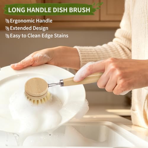 6 Pack Bamboo Dish Brush Set, Natural Dish Brush with Long Handle Bottle Brush, Wooden Dish Brush Set for Cleaning Dishes, Bottles, Pans and Vegetables - Image 6