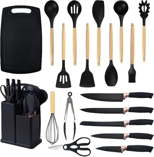Kitchen Utensils Set & Knife Set with Block, 19 Piece All-in-One Cooking Set, 12 Nonstick Silicone Utensils + 5 Sharp Stainless Steel Chef Knives + Cutting Board, Dishwasher Safe Gift Set (Pink) - Image 2