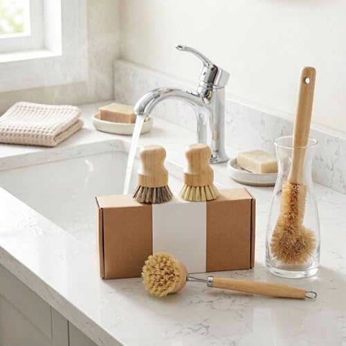 Wooden Dish Brush, 4-Piece Dish Brush Set, Natural Fiber Brushes With Wooden Handles, Non-scratch Coconut Palm & Sisal Bristles For Kitchen Cleaning, Natural Fiber - Image 5