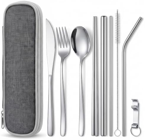9 Pcs Portable Utensils Set Metal Straws Travel Cutlery Case Fork Spoon by Unknown