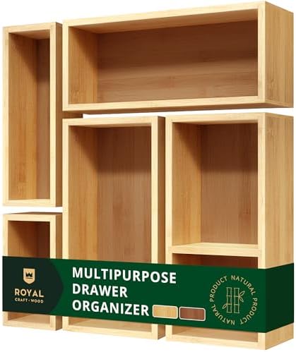 ROYAL CRAFT WOOD 5-Piece Bamboo Drawer Organizer Set – Multi-Use Storage Trays for Kitchen, Bathroom, Office, Makeup, Jewelry & More – Junk Drawer Tray, Utensil Holder, Storage Box & Bin Set (5 Boxes) by ROYALCRAFTWOOD