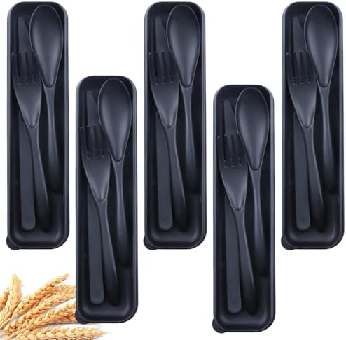 5Pack Wheat Straw Utensils, BPA Free Fork Spoon Knife with Storage Case by Unknown