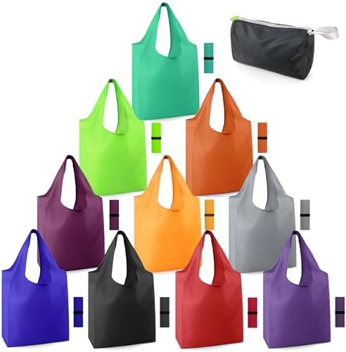 BeeGreen Reusable-Grocery-Bags-Foldable-Machine-Washable-Reusable-Shopping-Bags-Bulk Colorful 10 Pack 50LBS Extra Large Folding Reusable Bags Totes w Zipper Storage Pouch Lightweight Polyester Fabric by BeeGreen