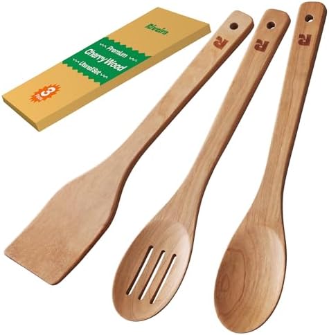 Riveira Cherry Wooden Spoons for Cooking Set of 3 – Natural Cherry Wooden Cooking Utensils, Wooden Spatula, Wooden Spoon - Premium Quality Utensil Set for Non-Toxic Cooking by Riveira