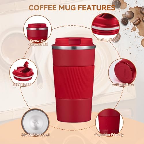17OZ Travel Coffee Mug Insulated Coffee Cup with Spill Leak Proof Lid, Portable Stainless Steel Tumbler Reusable Hot and Cold Water Mug for Car, Daily, Camping- Red - Image 5