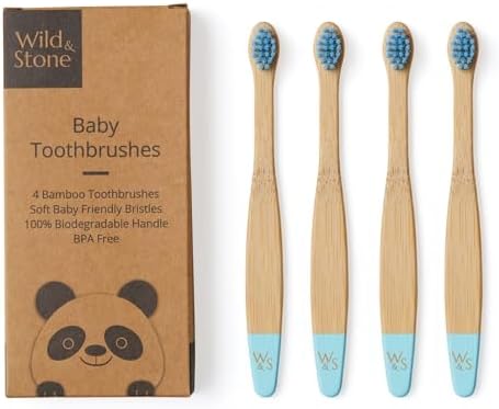 Wild & Stone Organic Baby Bamboo Toothbrushes | 4 Pack | Soft Bristles | 100% Compostable Handle | BPA Free | Vegan Baby Toothbrushes (Baby Blue) by Wild+%26+Stone