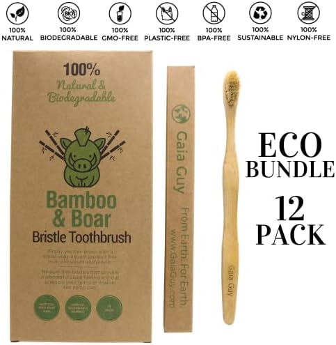 Gaia Guy Natural Bristle Bamboo Toothbrush with Boar Bristles - Totally Biodegradable and Compostable - No Nylon Toothbrushes - Zero Waste 12-Pack - Image 2