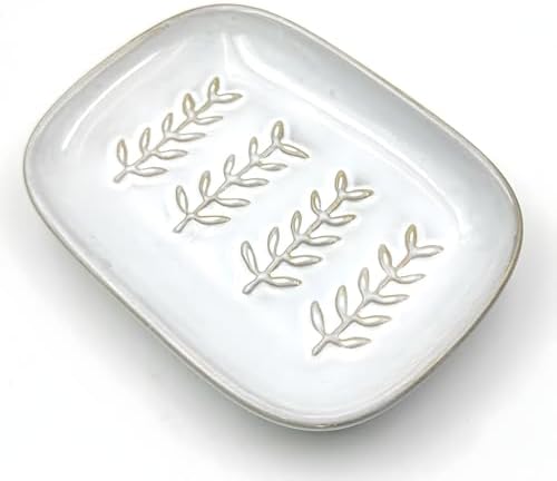 HighHerz Aesthetic Ceramic Soap Dish for Shower, Soap Holder with Raised Relief, Shower Soap Dish for Shampoo Bar Or Sponge, Soap Saver for Bathroom, Kitchen, Sink, Decorative Soap Tray (White) - Image 2