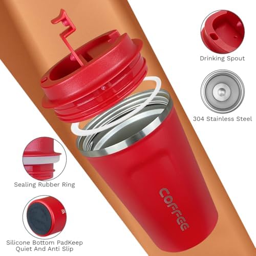 SPLMIFA Travel coffee mugs leak-proof, reusable coffee cup with lid, stainless steel vacuum insulated coffee tumblers, thermal insulation cups for men & women keep drinks hot & cold (2nd-Red, 17OZ) - Image 3