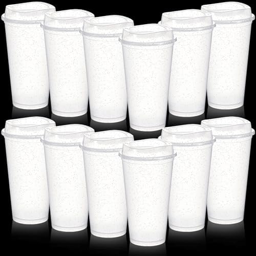 FillTouch 12 Pcs 16 oz Reusable Coffee Cups with Lids, Glitter White by FillTouch