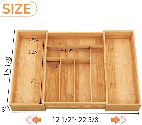BAMEOS 3" Deepth Expandable Drawer Organizer, Deep Flatware Organizer, Adjustable Silverware Organizer, Bamboo Drawer Organizer for Kitchen, Bathroom (Natural) - Image 3