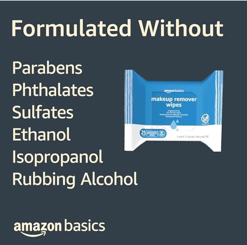 Amazon Basics Makeup Remover Wipes, Fragrance-Free, Alcohol-Free, Gentle Cleansing, Plant-Based, Dermatologist Tested, Removes Waterproof Mascara, Resealable, 25 Count, 1-Pack - Image 4