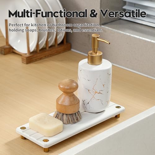 Razborci Instant Dry Sink Caddy Kitchen Sink Organizer, Quick Drying Diatomaceous Earth Stone Sink Tray Sponge Holder Soap Dish, Bathroom Countertop Vanity Dispenser Toothbrush, Gold White, 10" x 4" - Image 7