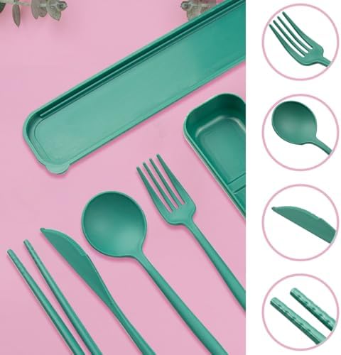 ELANE 4 Sets Reusable Travel Utensils Set with Case,Camping Cutlery Set Reusable Cutlery Set with Case,Utensil Sets for Lunch Picnic Daily Use Outdoor (darkgreen) - Image 3