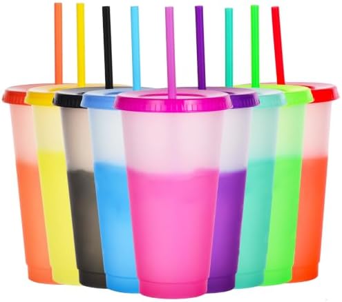 Color Changing Cups, 5 Pack 24oz Plastic Tumblers, Reusable Iced Coffee & Smoothie Cups with Lids and Straws for Parties and Travel (9 Changing, 9 Packs) by Alohastarttg