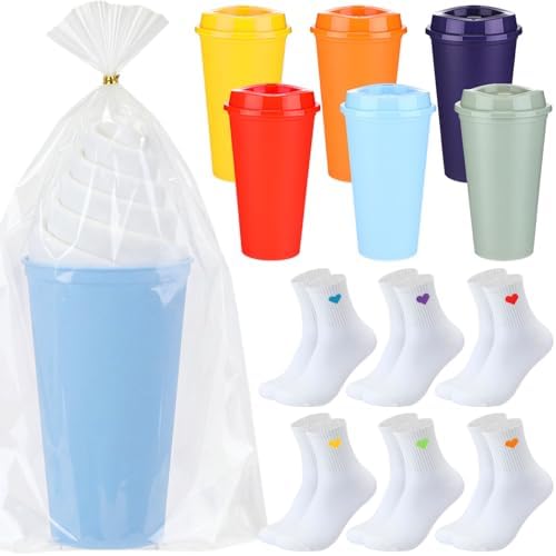 Hushee 12 Pcs Reusable Coffee Cups with Lids Bulk Women's Heart Socks 16 oz Travel Mug Plastic Tumblers for Birthday Holiday Gifts Party Favors by Hushee