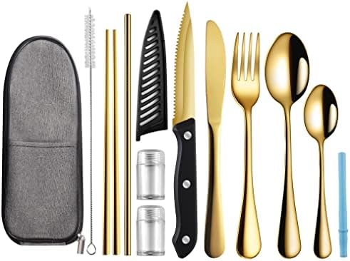 Logcow Travel Utensils with Case,Reusable Utensils,Portable Travel Camping Cutlery Set,Stainless Steel Flatware Set,Lunch Boxes Workplace Camping School Picnic (Gold) by Logcow