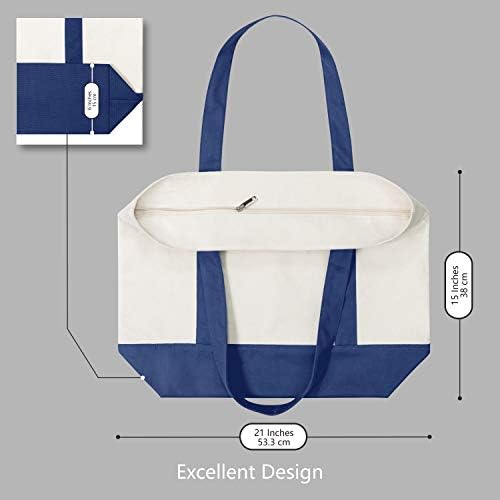 TOPDesign 3-Pack Canvas Tote Bags with an External Pocket, Reusable Grocery Shopping Bags, Top Zipper Closure, Daily Essentials (Blue/Natural) - Image 5