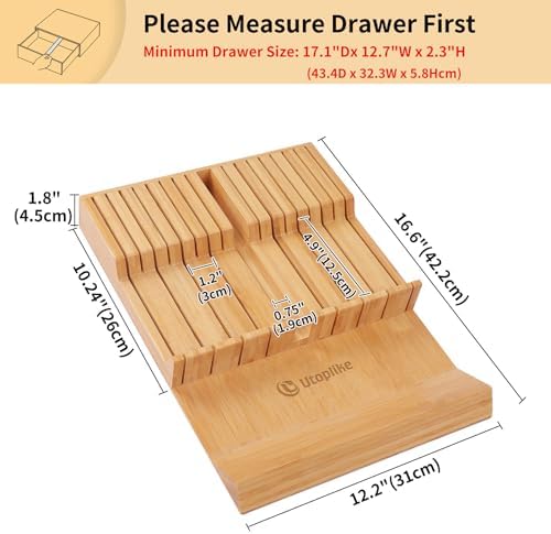 Utoplike In-drawer Knife Block Bamboo Kitchen Knives Drawer Organizer Large - Image 3