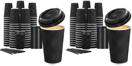 Lamosi 16 oz Disposable Coffee Cups with Lids, 100 Pack Insulated Hot Cups To Go Paper Coffee Cups with Lids and Straws, Corrugated Ripple Wall Cup for Hot Drink, Office, Coffee Bar (Black) by BuyNow