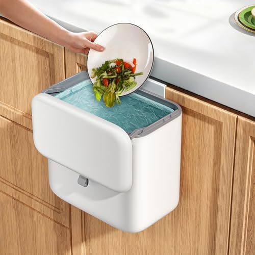 Compost Bin Kitchen for Countertop or Under Sink, 2.6 Gallon Hanging Small Trash Can with Lid, Garbage Can for Cabinet Door, Indoor/outdoor Food Waste Bin for Kitchen, Bathroom, RV, Office, White by Gleynest