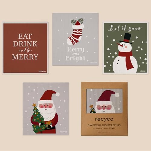 RECYCO 4 Pack Christmas Swedish Dishcloths for Kitchen | Classic Red Washable Dish Towels | Cellulose Reusable Cleaning Paper Towels | Absorbent Counter Dish Cloth Sponge Kitchen Wipes, 7" x 8" by RECYCOHOMECOLLECTION