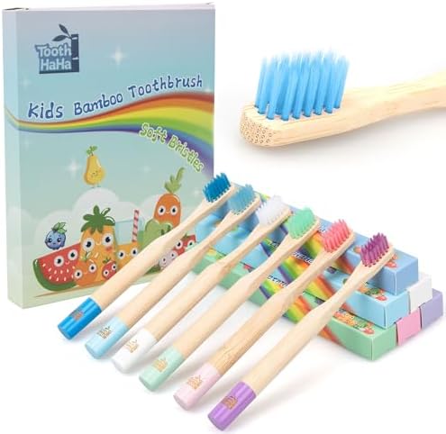Kids Bamboo Toothbrushes, BPA-Free Soft Bristles, Eco-Friendly Natural Wooden Toddler Toothbrush, 6-Pack Travel Toothbrushes Set for Children by ToothHaHa