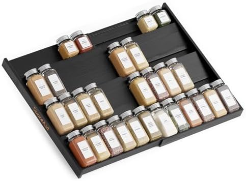 SpaceAid Bamboo Black Spice Drawer Organizer, (Need 3" Deep Drawer) Expandable 4 Tier Spices Rack for Cabinet, Kitchen Seasoning Storage Insert (Jars Not Included, From 12" to 23" Wide) by SpaceAid