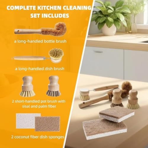 Natural Bamboo Dish Brush Set - 6 PCS Kitchen Cleaning Brush Kit with 4 Utensil Brushes and 2 Coconut Fiber Dish Sponges, for Cleaning Pots, Pans, Dishes, Bottles, Vegetables, and Fruits - Image 3