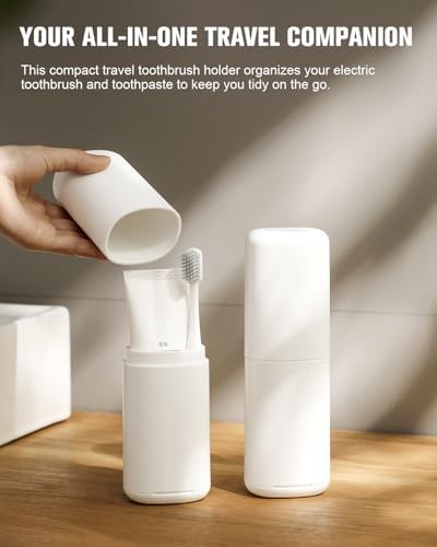 FERYES Travel Toothbrush Holder – 3-in-1 Portable Organizer with Draining Lid & Mouthwash Cup (White) - Image 2