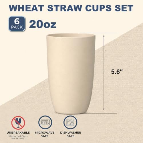 Wrova Wheat Straw Cups 6 PCS, 20 oz Plastic Cups Reusable Kitchen Cups, Dishwasher & Microwave Safe Large Coffee Cup, Unbreakable Water Plastic Glasses- Black & Gray - Image 2