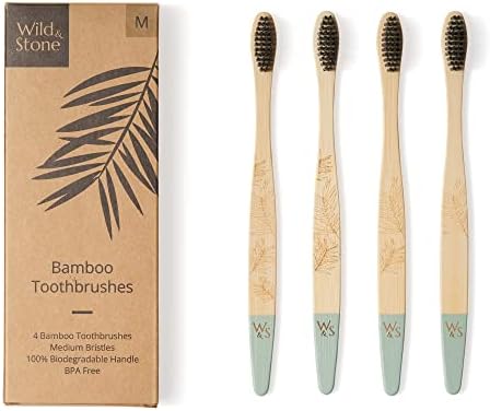 Wild & Stone | Medium Bristle Organic Bamboo Toothbrush | Four Handle Patterns | Medium Fibre Bristles | 100% Biodegradable Handle | Vegan Eco Friendly Bamboo Toothbrushes (Bamboo Green) by Wild+%26+Stone